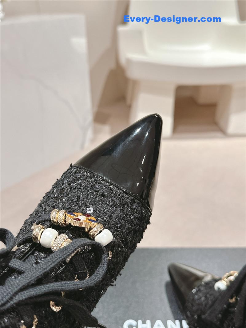 Ch**el pointed toe chunky heel tweed ankle boots