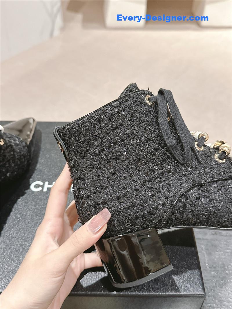 Ch**el pointed toe chunky heel tweed ankle boots
