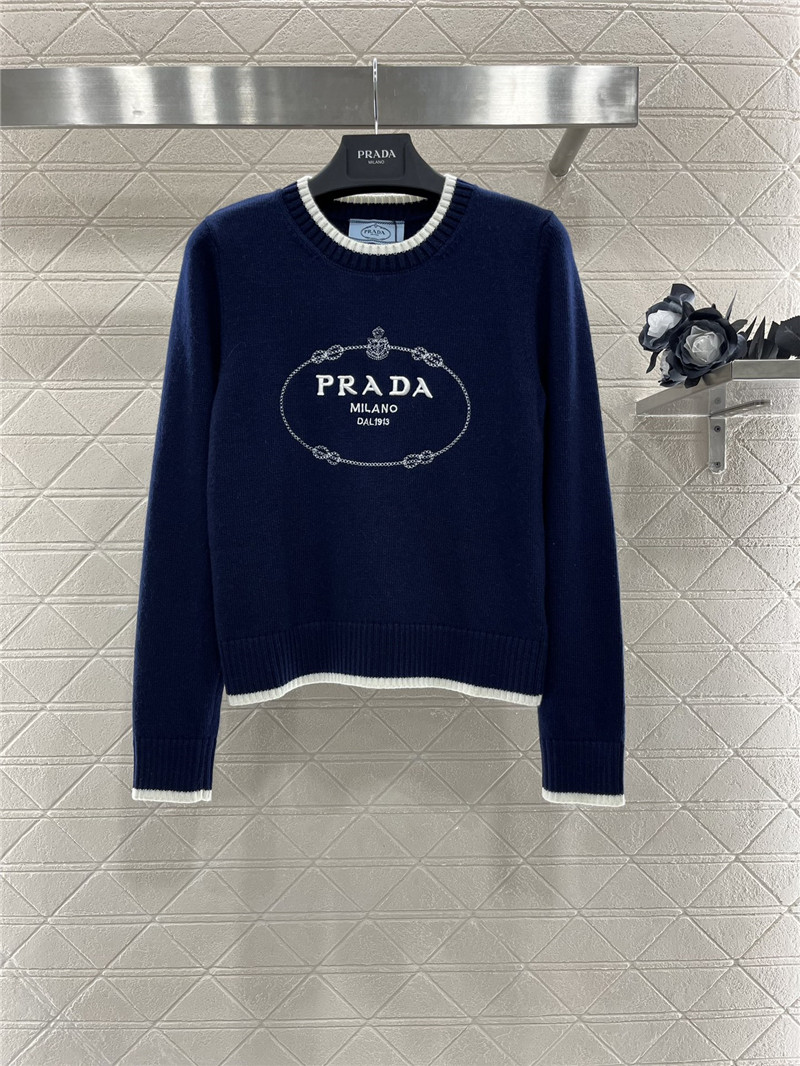 Pra*a logo-intarsia crop wool sweater navy