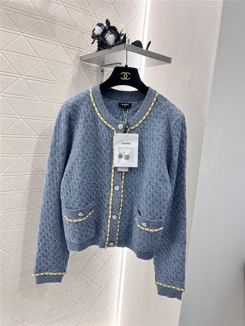 Ch**el chain-trim texture cardigan blue