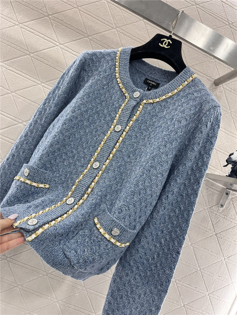 Ch**el chain-trim texture cardigan blue