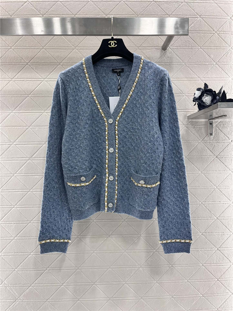 Ch**el v-neck chain-trim texture cardigan blue