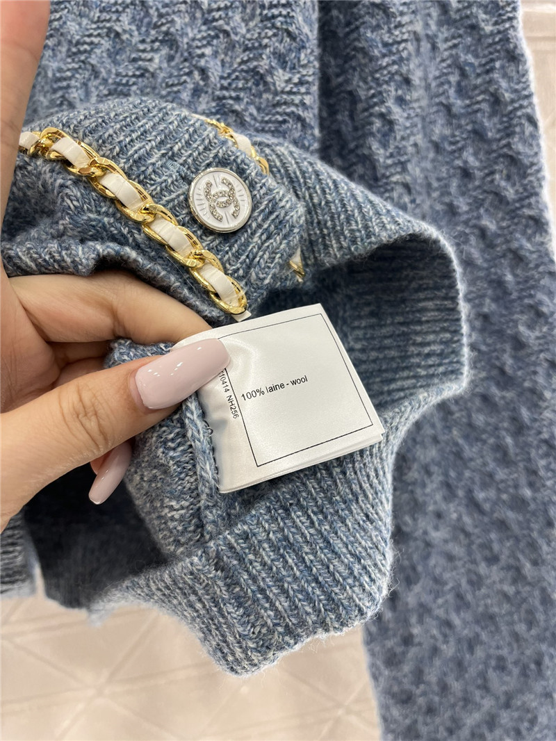 Ch**el v-neck chain-trim texture cardigan blue