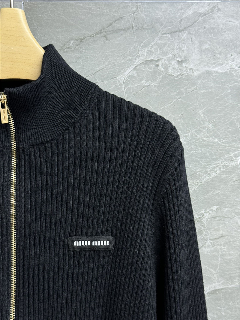 Miu Miu Crop Zipper Rib Wool Cardigan Black