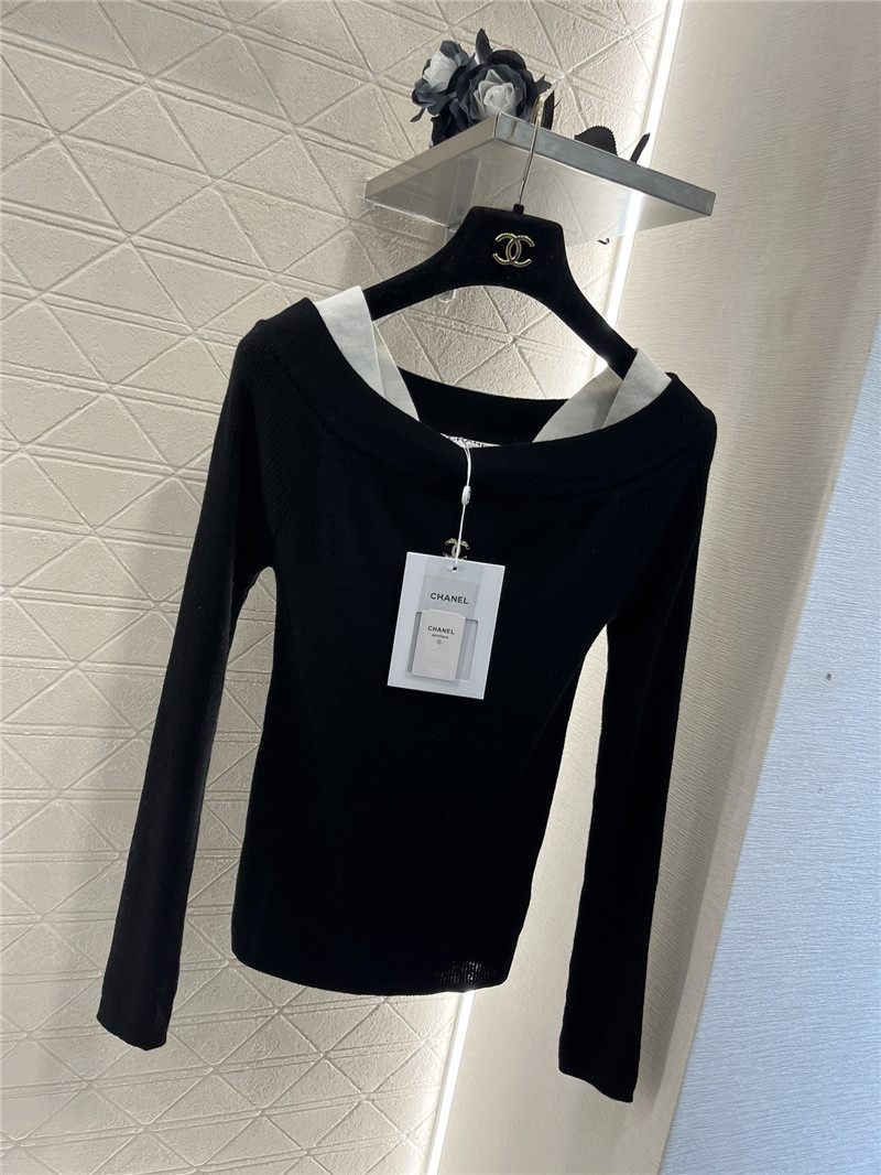 Ch**el contrast off-shoulder knit sweater navy