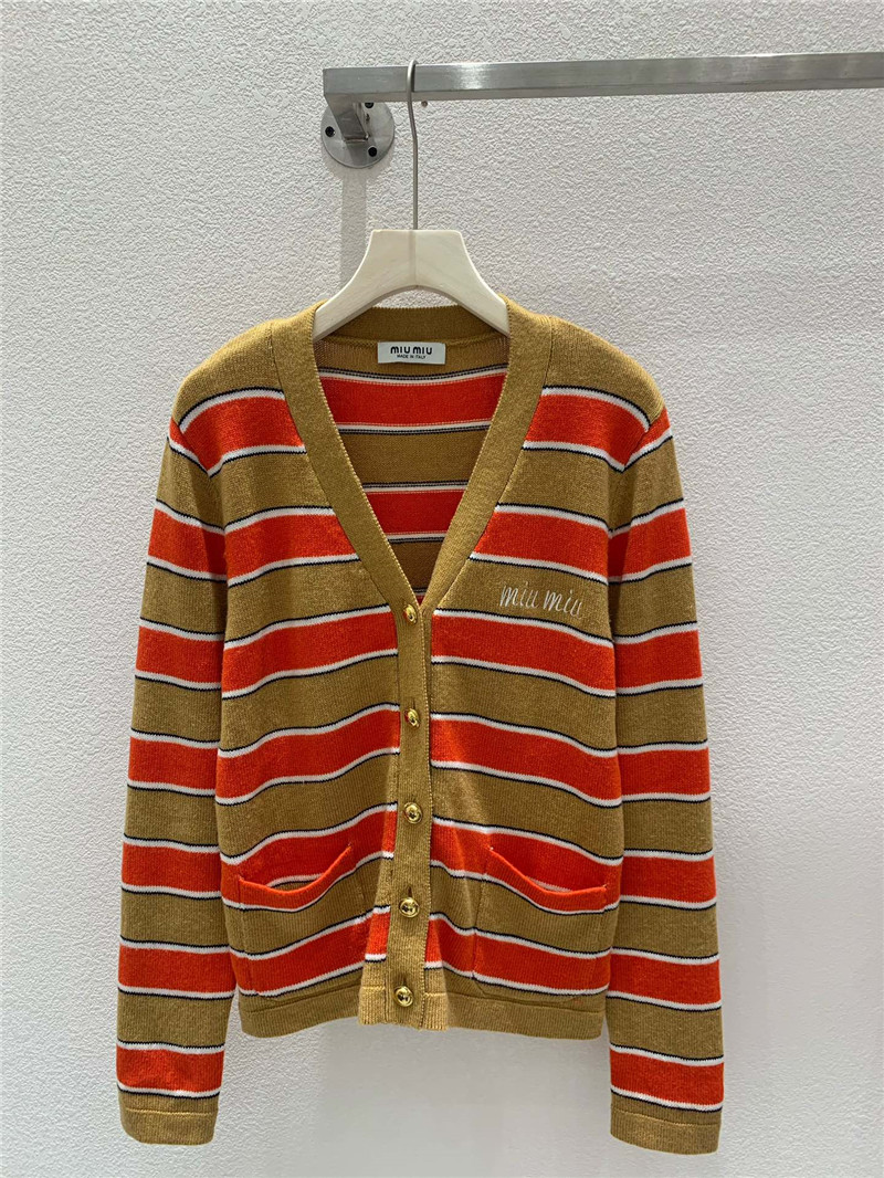 Miu Miu V-neck Striped Cardigan Beige/Orange