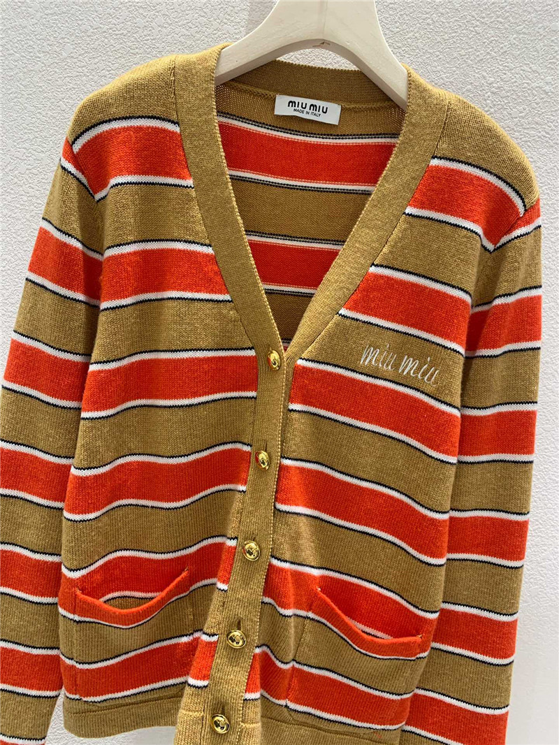 Miu Miu V-neck Striped Cardigan Beige/Orange