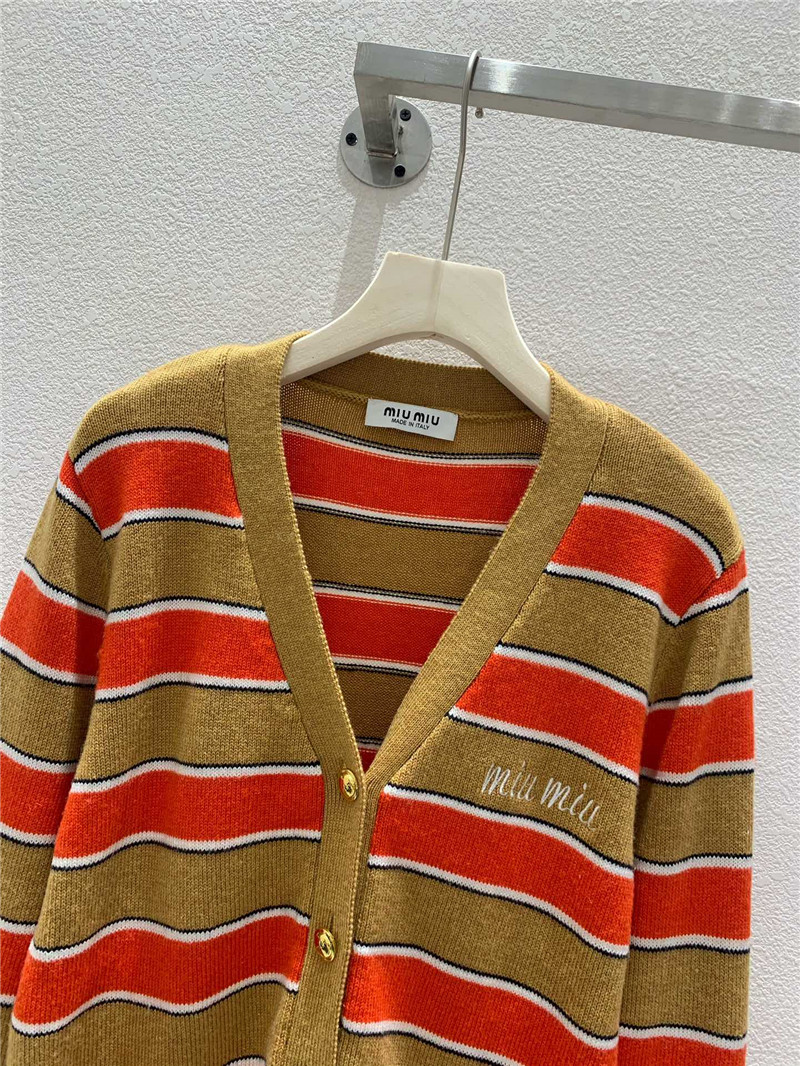 Miu Miu V-neck Striped Cardigan Beige/Orange