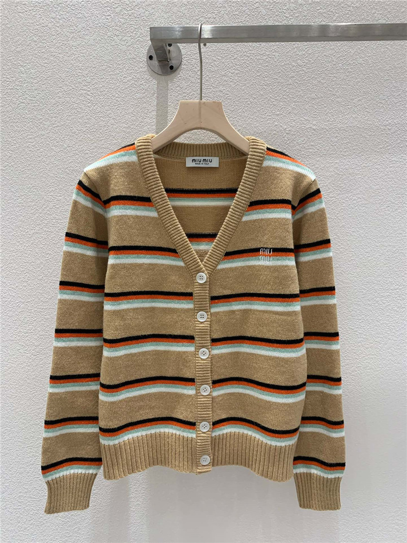 Miu Miu Multicolor Striped V-Neck Cardigan Beige