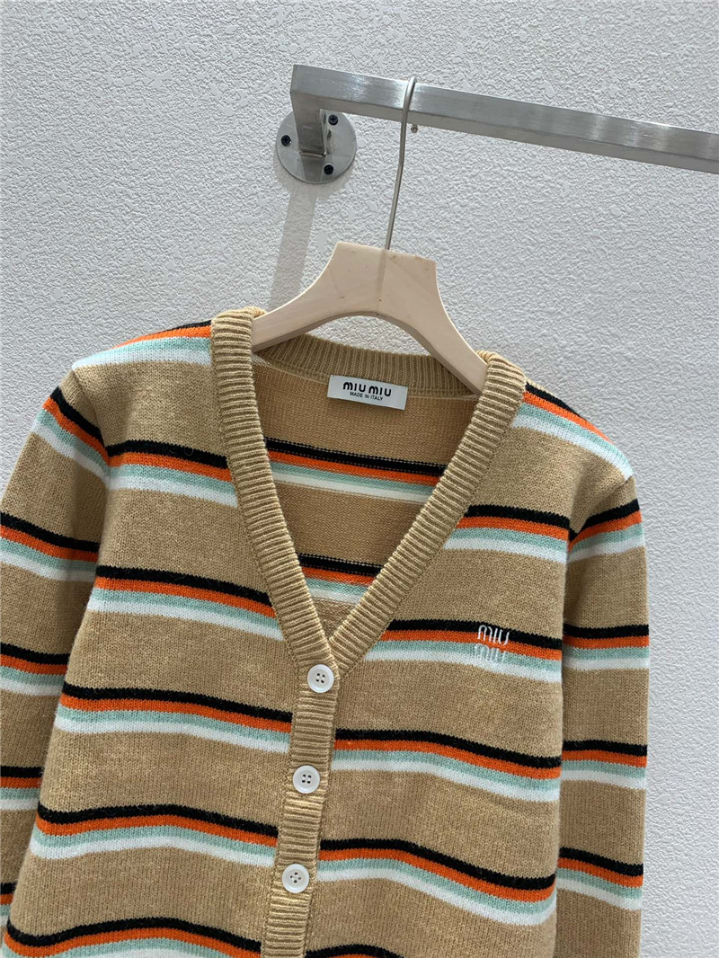 Miu Miu Multicolor Striped V-Neck Cardigan Beige