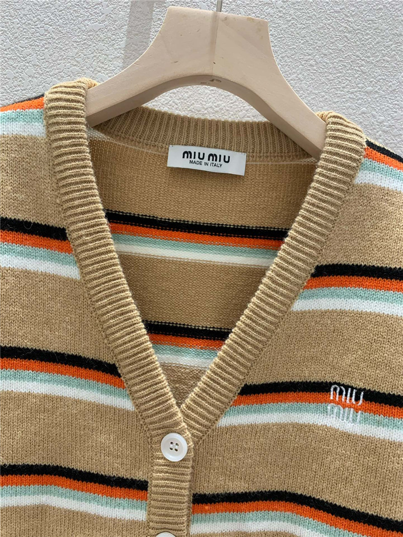 Miu Miu Multicolor Striped V-Neck Cardigan Beige