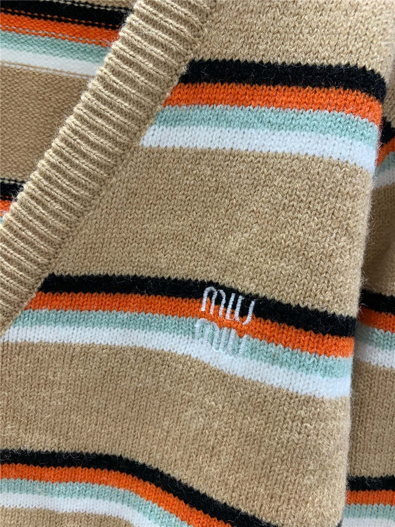 Miu Miu Multicolor Striped V-Neck Cardigan Beige