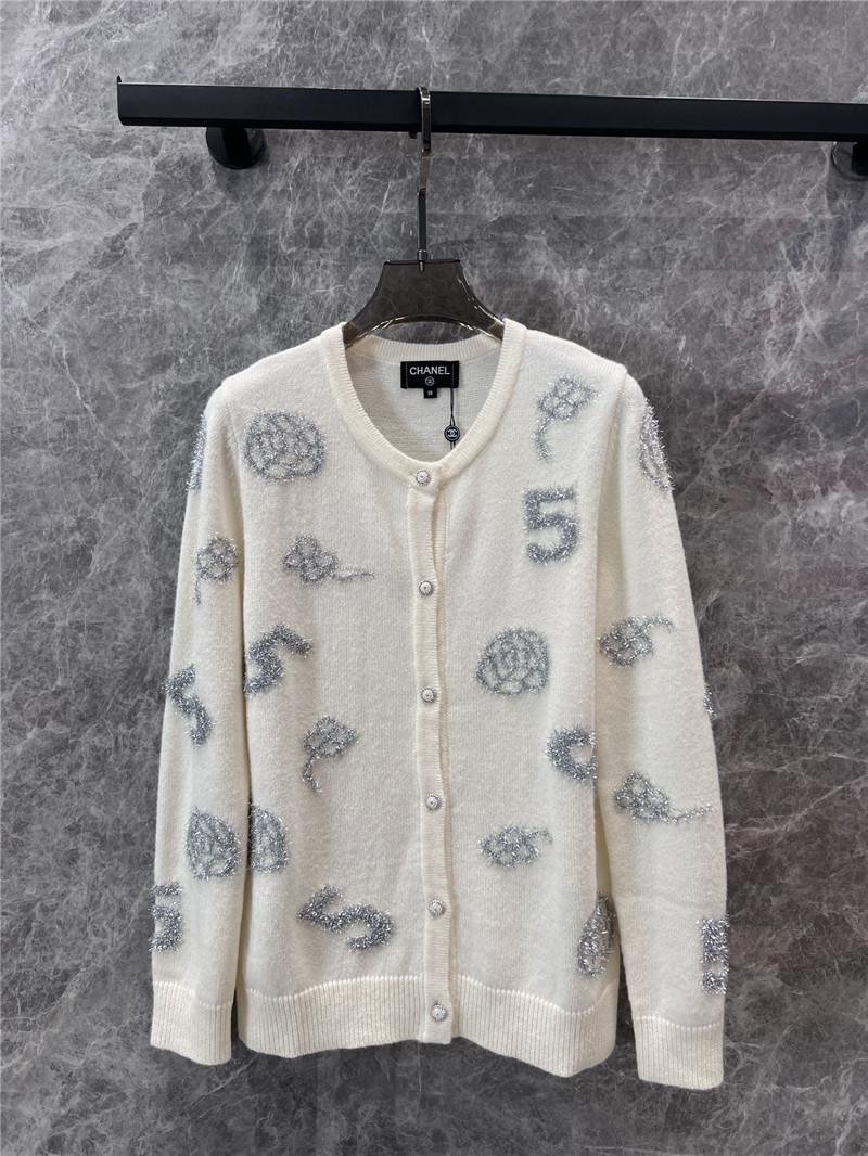 Ch**el crew-neck camellia jacquard cardigan in white