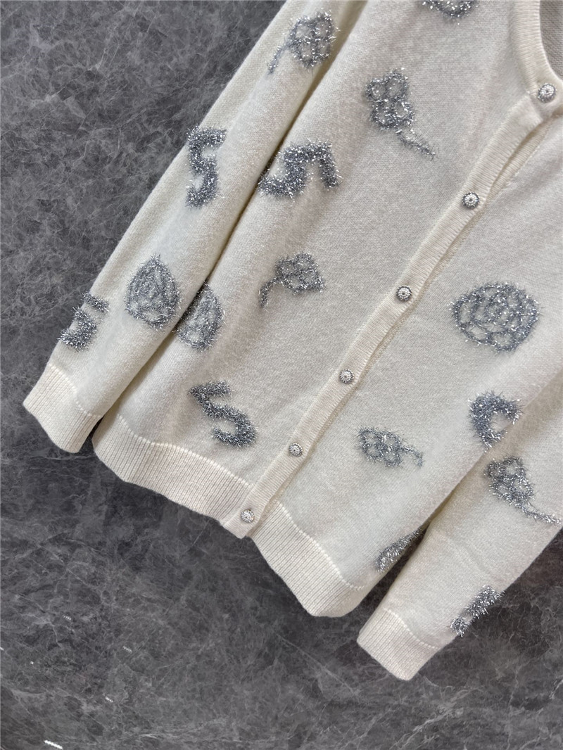 Ch**el crew-neck camellia jacquard cardigan in white