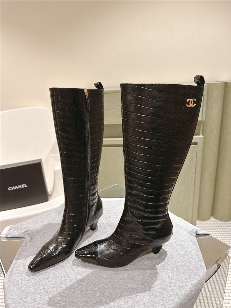 Ch**el pointed toe crocodile knee-high boots