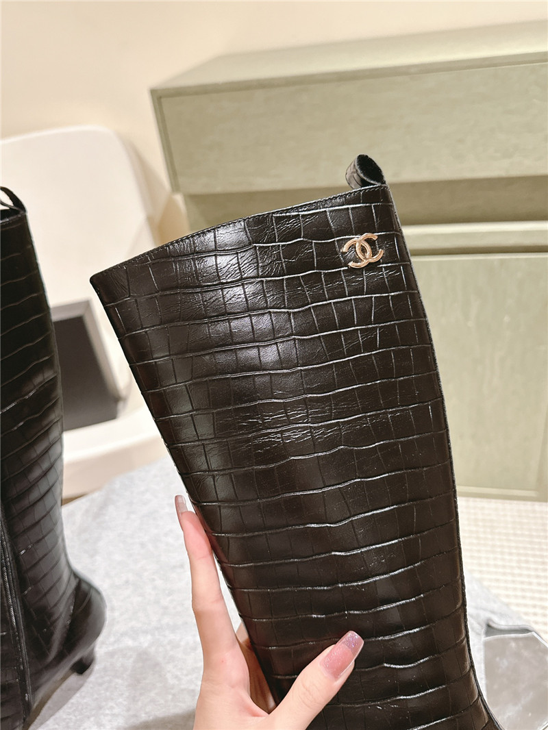 Ch**el pointed toe crocodile knee-high boots