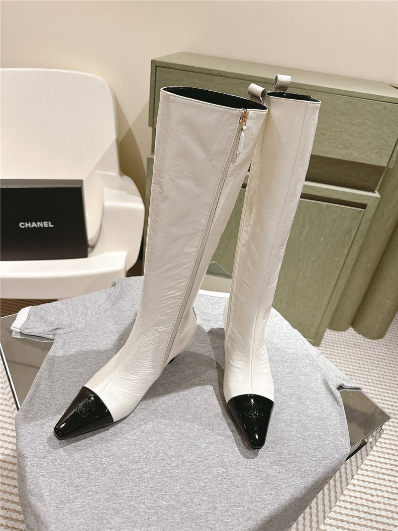 Ch**el pointed white oil-wax leather knee-high boots