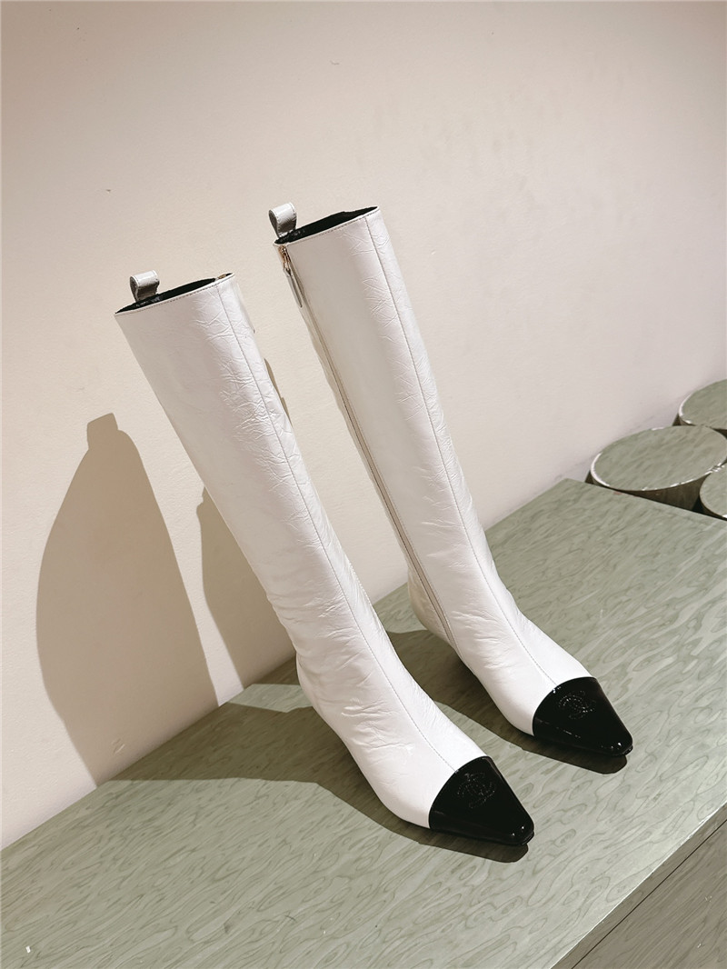 Ch**el pointed white oil-wax leather knee-high boots