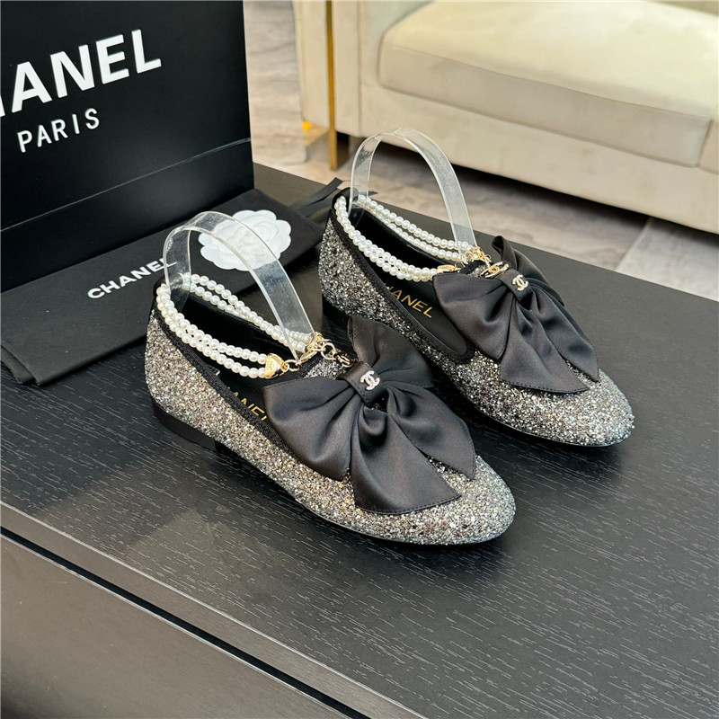 Ch**el bow pearl ankle mary jane flats silver glitter