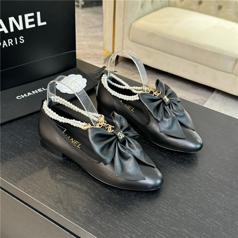 Ch**el bow pearl ankle mary jane flats black calfskin