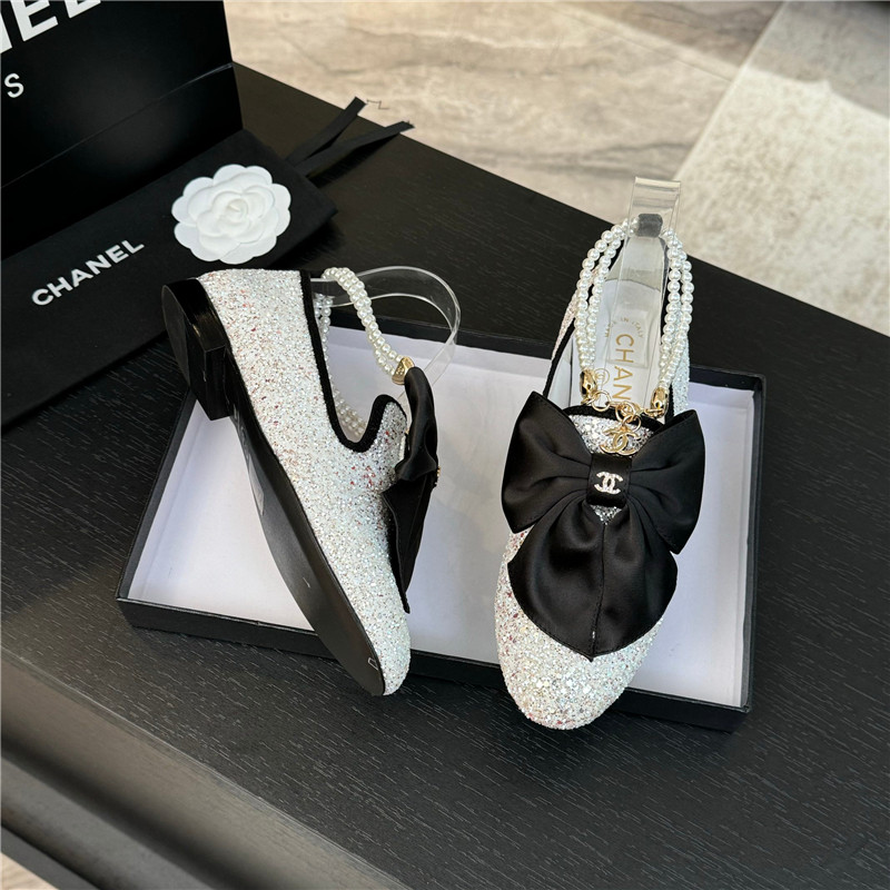 Ch**el bow pearl ankle mary jane flats natural glitter