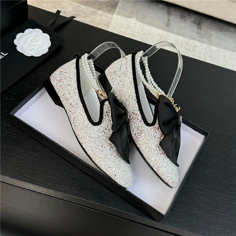 Ch**el bow pearl ankle mary jane flats natural glitter