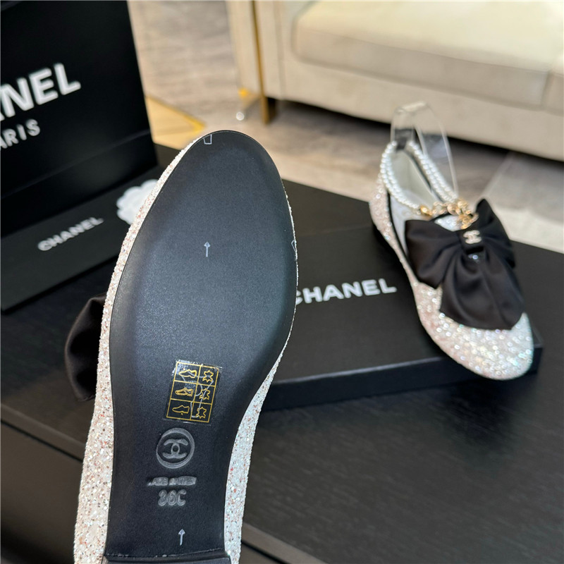 Ch**el bow pearl ankle mary jane flats natural glitter