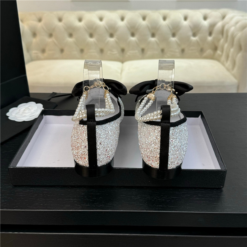 Ch**el bow pearl ankle mary jane flats natural glitter