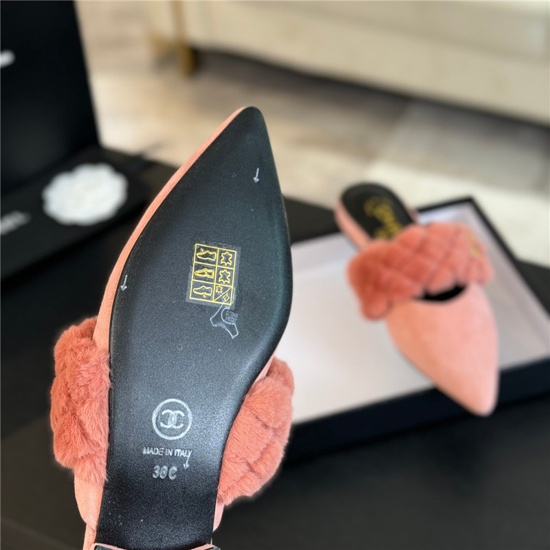 Ch**el fur strap pointed flat mule pink suede