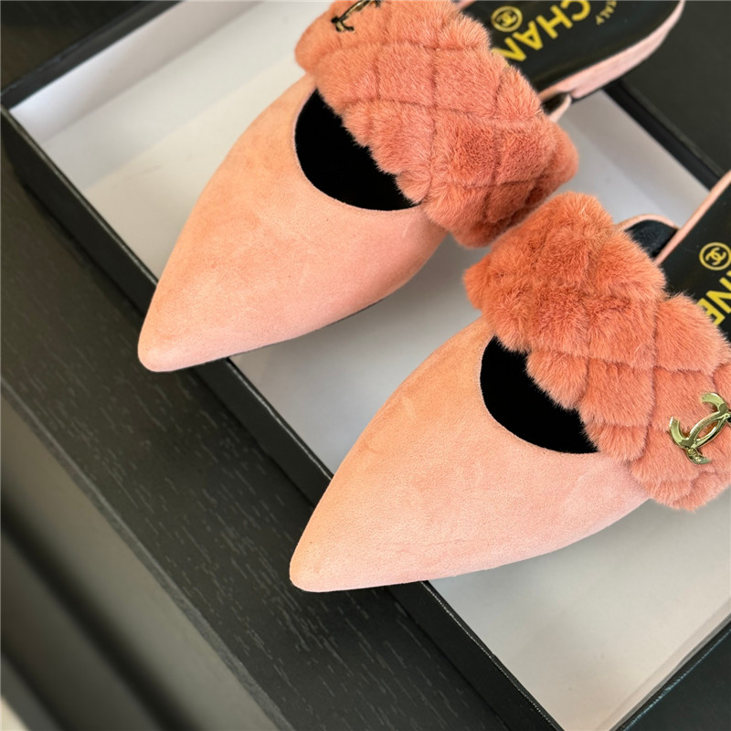 Ch**el fur strap pointed flat mule pink suede