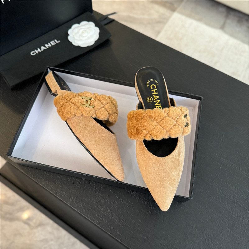 Ch**el fur strap pointed flat mule beige suede