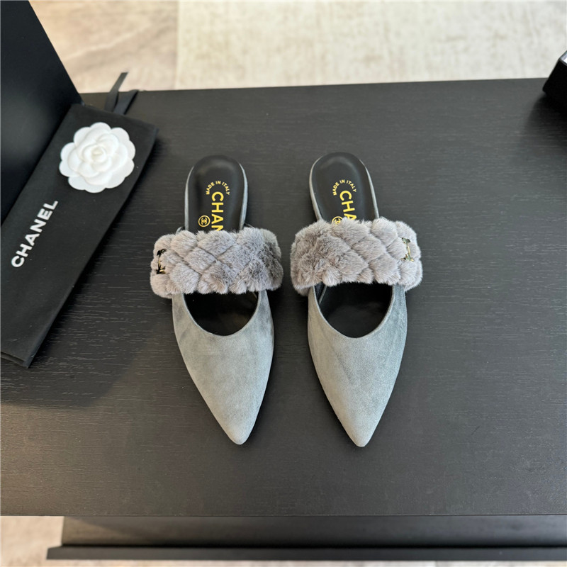 Ch**el fur strap pointed flat mule grey suede