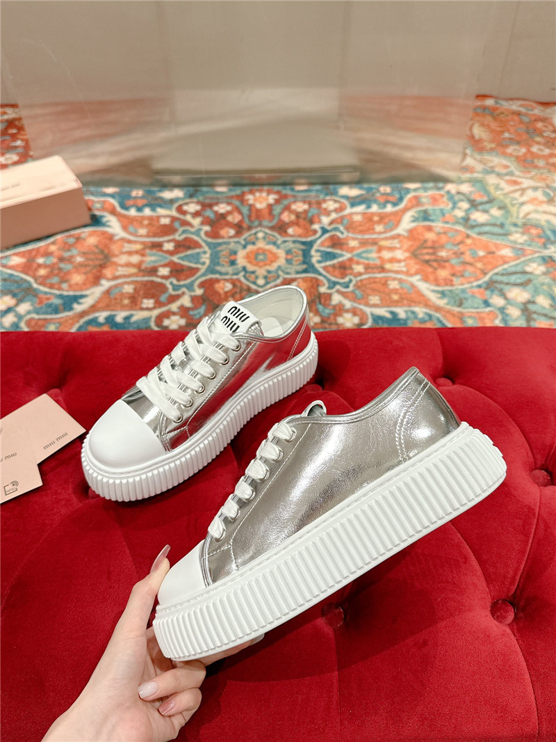 Miu Miu Silver Leather Platform Sneakers Women