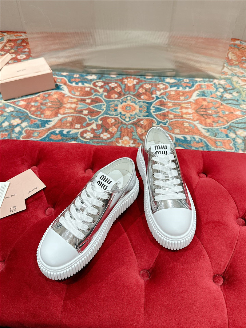 Miu Miu Silver Leather Platform Sneakers Women