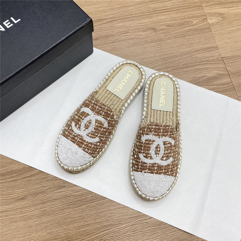 Ch**el espadrille mules in beige/white tweed with sequins