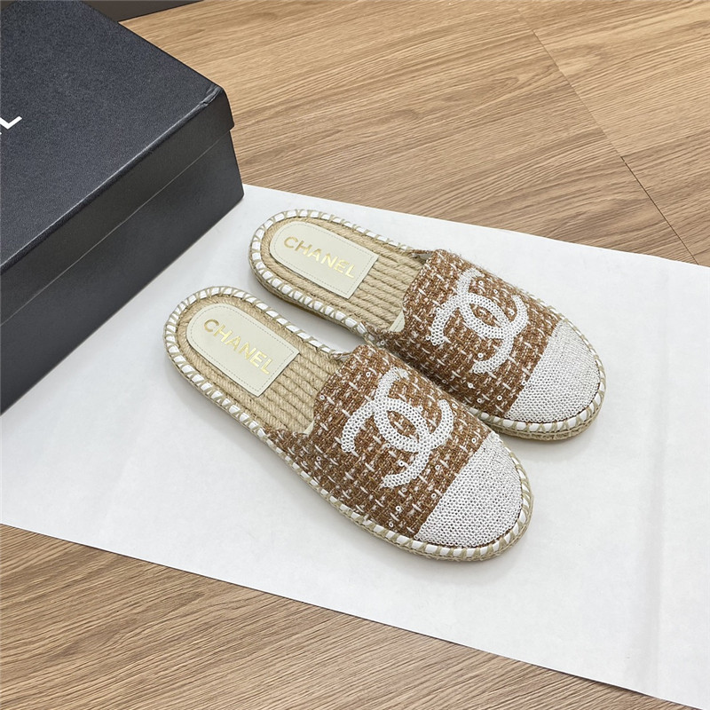 Ch**el espadrille mules in beige/white tweed with sequins