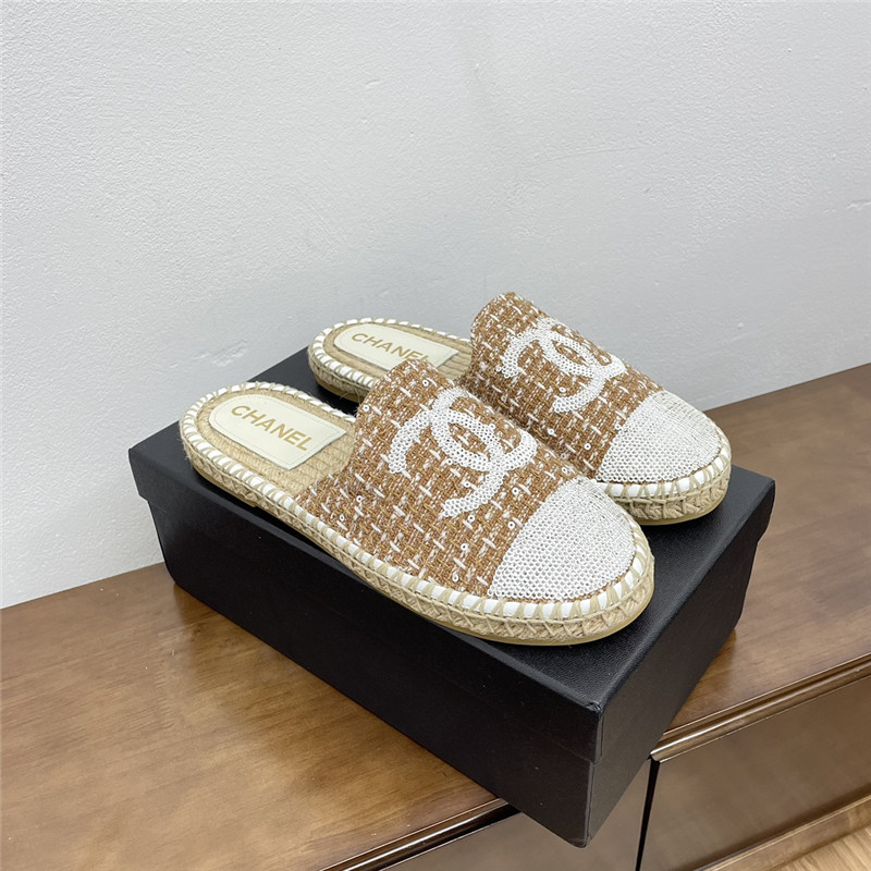 Ch**el espadrille mules in beige/white tweed with sequins