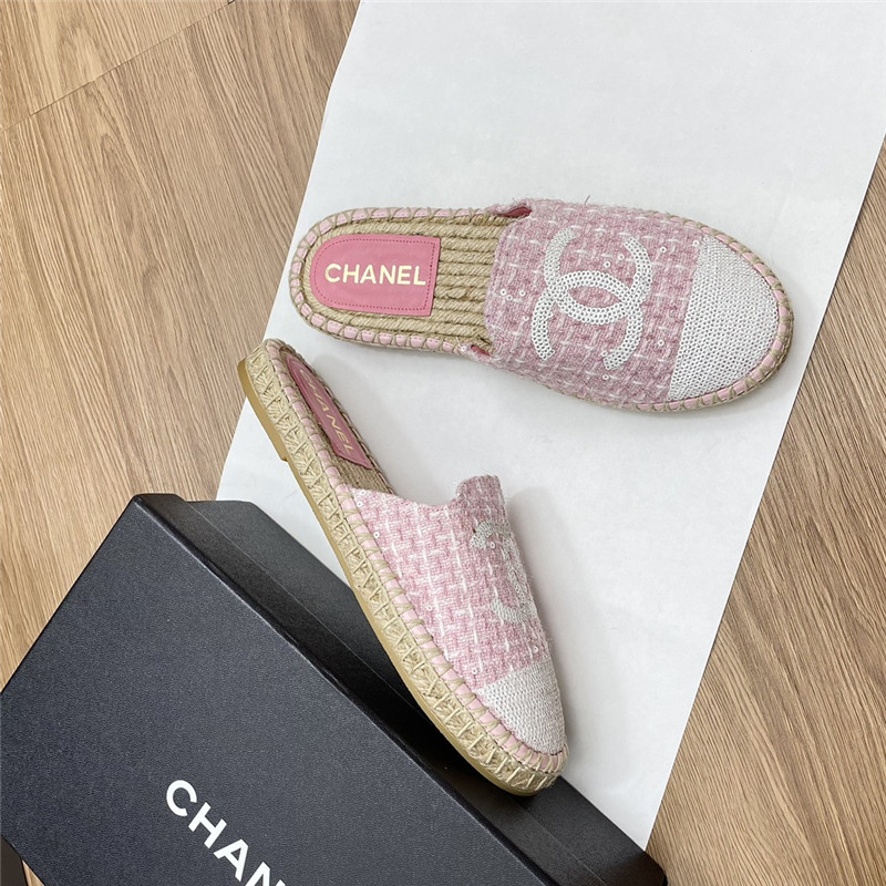 Ch**el espadrille mules in pink/white tweed with sequins