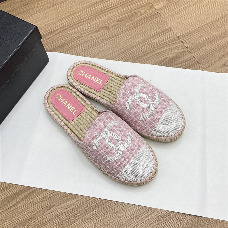 Ch**el espadrille mules in pink/white tweed with sequins