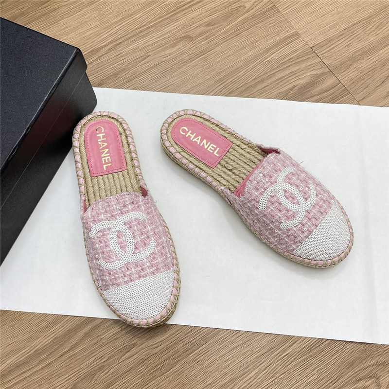 Ch**el espadrille mules in pink/white tweed with sequins