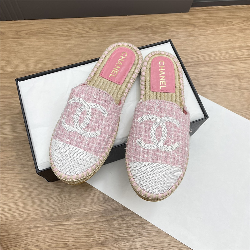 Ch**el espadrille mules in pink/white tweed with sequins
