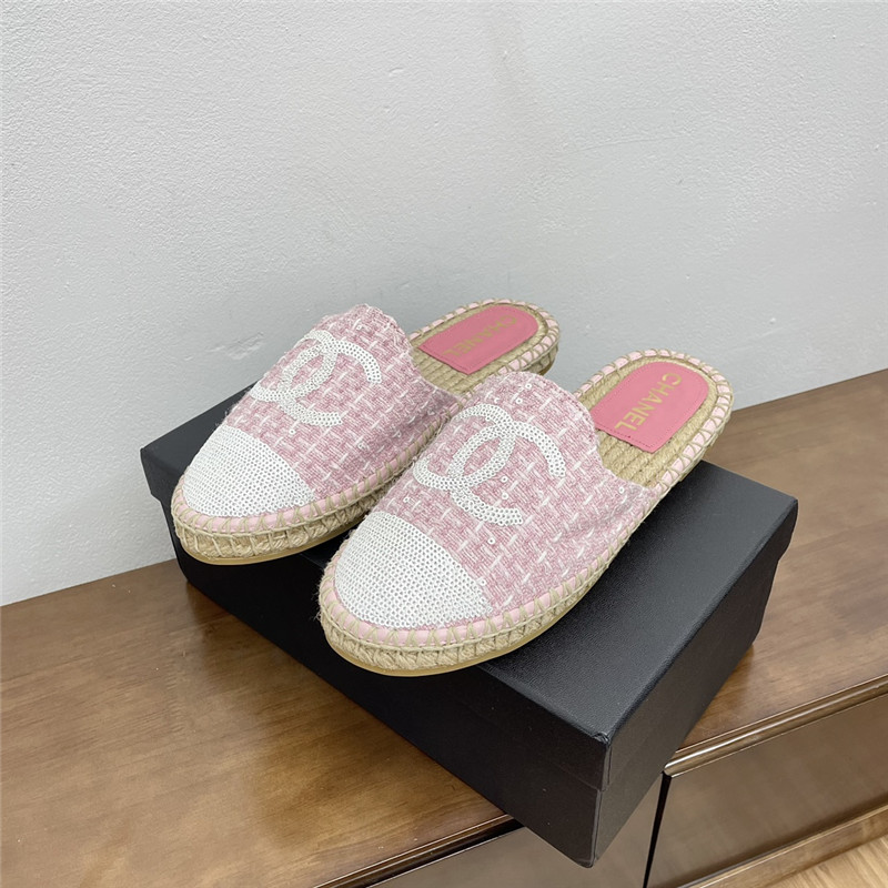 Ch**el espadrille mules in pink/white tweed with sequins