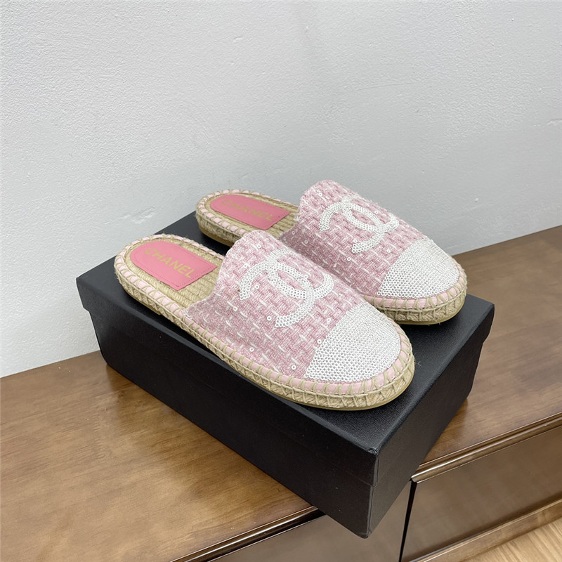 Ch**el espadrille mules in pink/white tweed with sequins