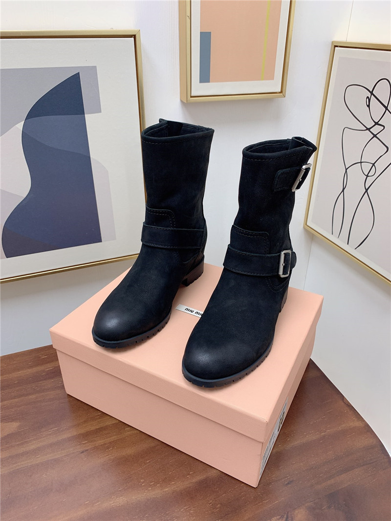 Miu Miu Black Calfskin Chunky Buckle Biker Boots