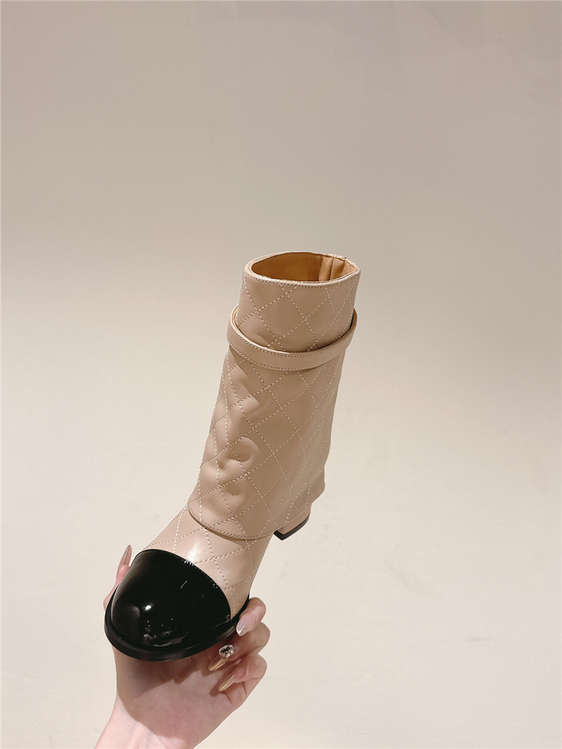 Ch**el beige quilted leather cap toe ankle boots