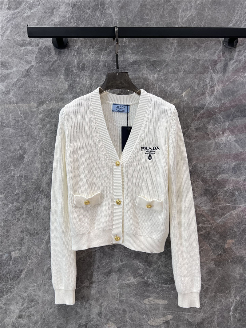 Pra*a logo-intarsia v-neck rib cardigan white
