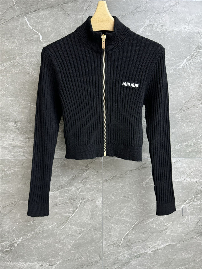 Miu Miu Ribbed Wool Full-Zip Cardigan in Black