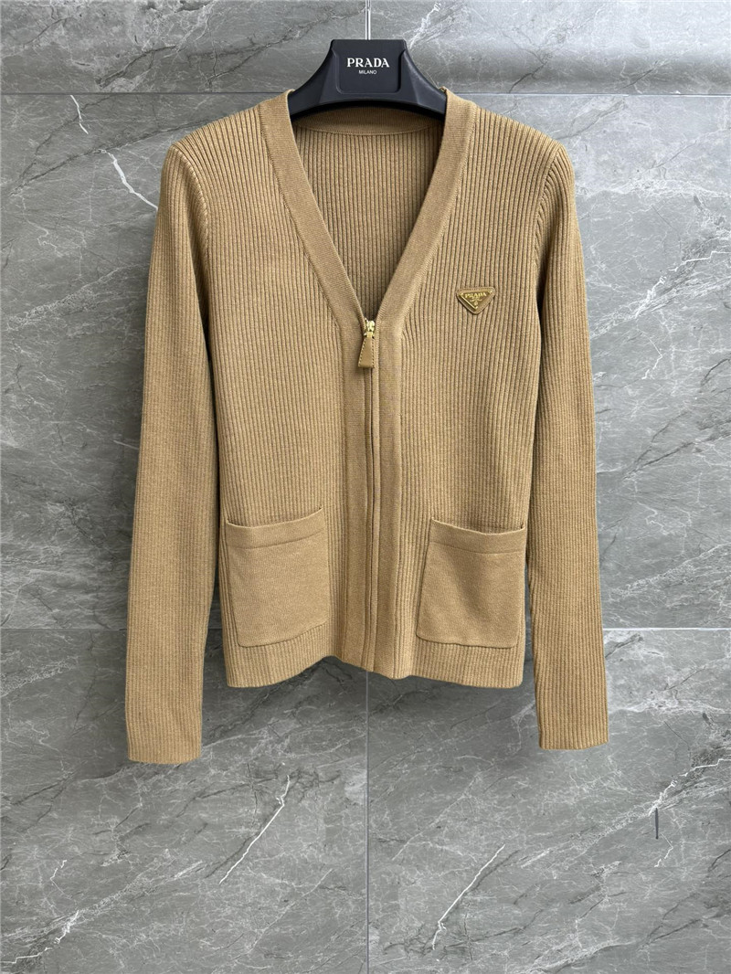 Pra*a v-neck triangle-logo rib cardigan beige