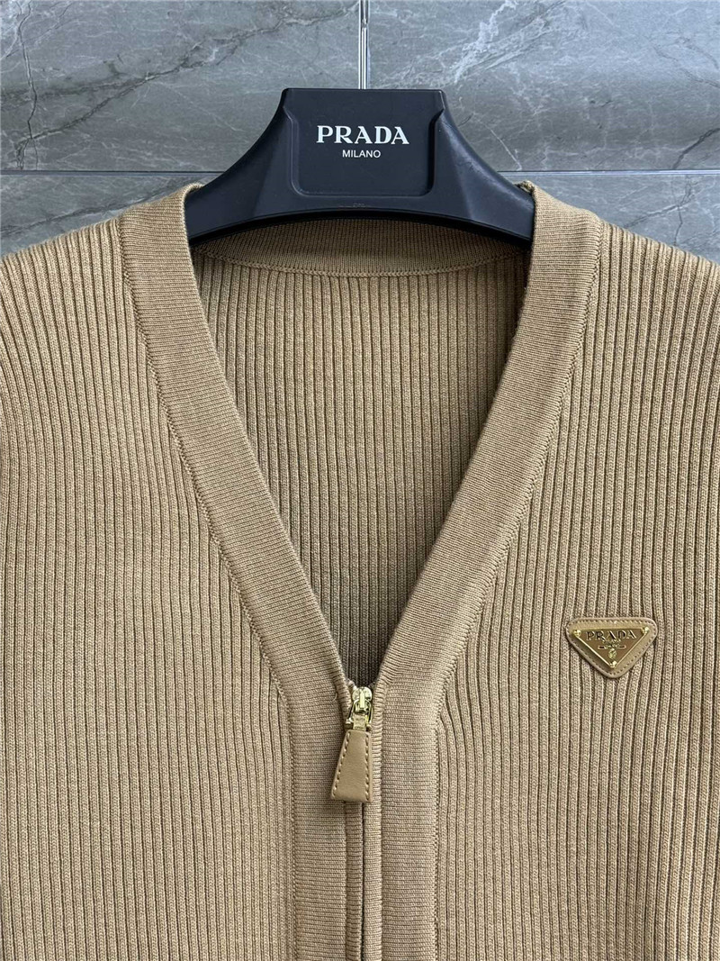 Pra*a v-neck triangle-logo rib cardigan beige