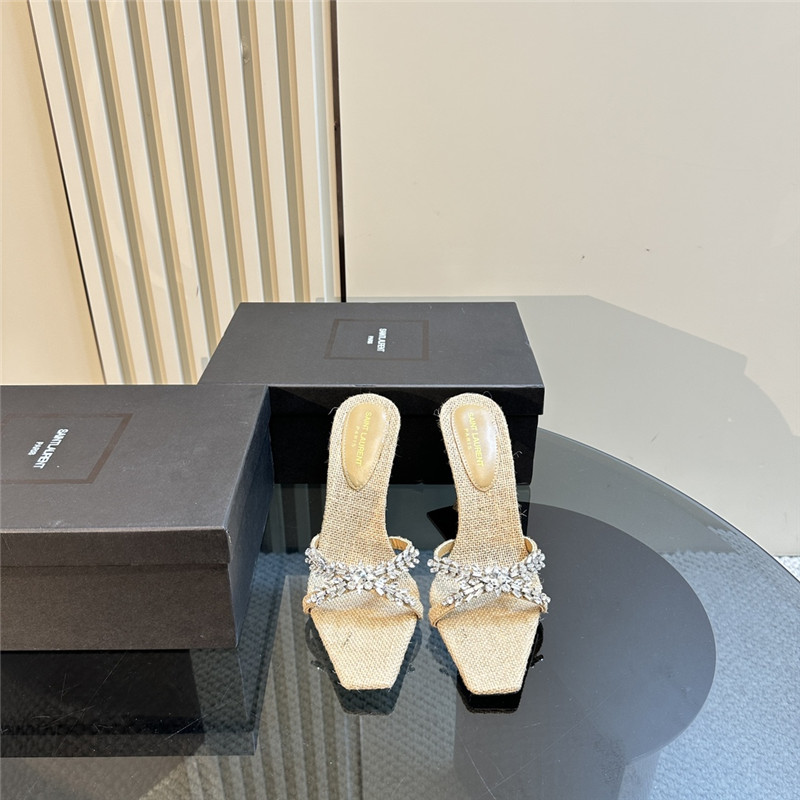 Y51 liz mules in natural linen with rhinestones